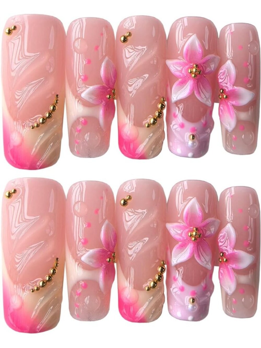 Long Square Pink French Tip Acrylic Press-On Nails Set - 10 Pcs, Handmade Glam